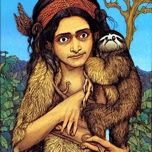 Image similar to a cottagecore indian witch holding a cute sloth, highly detailed, masterpiece, illustrated, art by rebecca guay
