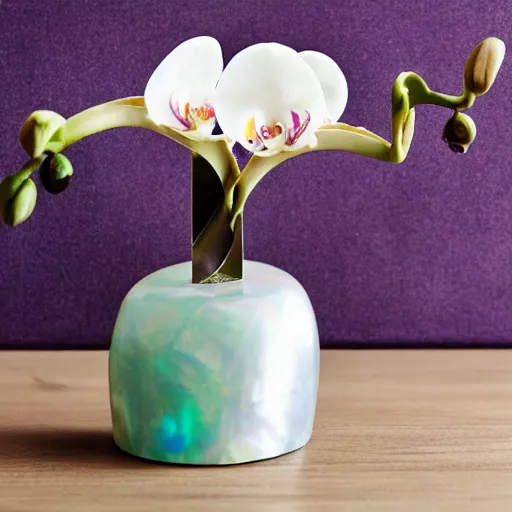 Prompt: orchid made of mother of pearl, opal petals, home magazine photography, kitchen background