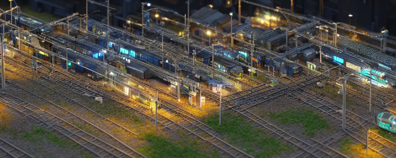 Image similar to mega detailed miniature voxel diorama of huge railway station by night, futuristic architecture, tilt shift, volumetric lighting, several trains on rails, near future 2 0 3 0