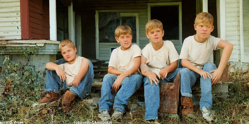 Image similar to close up portrait of two white redneck brothers sitting on front porch of dilapidated house, kodak gold 2 0 0,