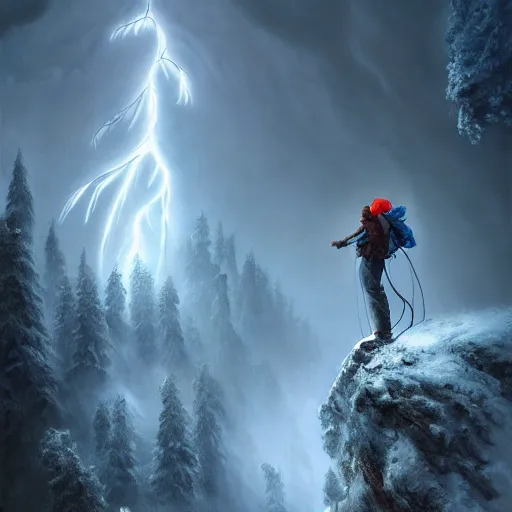 Prompt: climber, extreme cold, storm, octane rendering, volumetric lightning, hyperrealism, no blur, 4 k resolution, ultra detailed, style of ivan shishkin, tyler edlin, anato finnstark, edward robert hughes