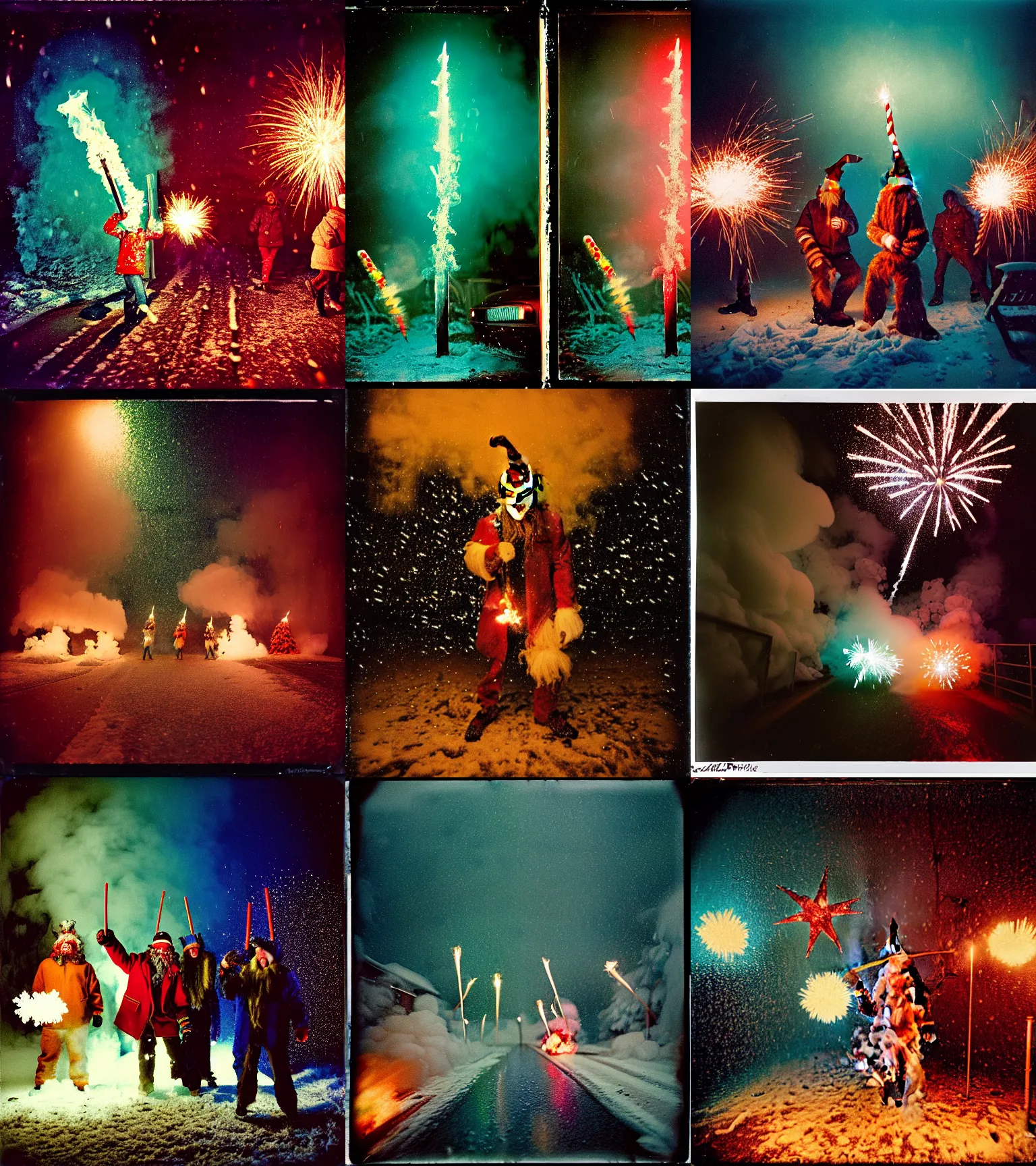 Image similar to kodak portra 4 0 0, wetplate, winter, snowflakes, rainbow coloured rockets, chaos, glitter tornados, award winning dynamic photo of a bunch of hazardous krampus between exploding fire barrels by robert capas, motion blur, in a small pantry at night with colourful pyro fireworks and torches, teal lights