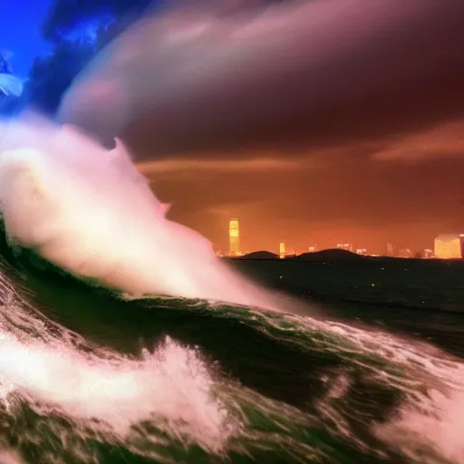 Image similar to a tsunami wave hits Hong Kong island, hyper realistic, 4K