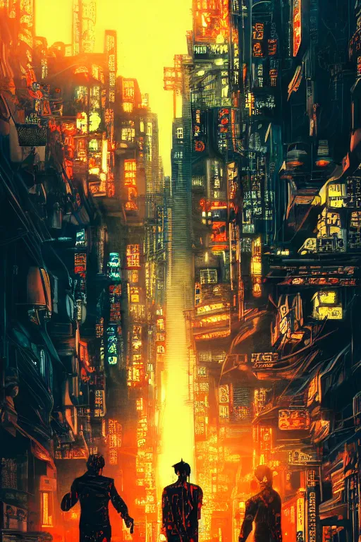 Prompt: tatsuki fujimoto movie poster, randypunk, intricate cyberpunk city, orange overlooking city, street gang, dramatic lighting, epic composition, bladerunner