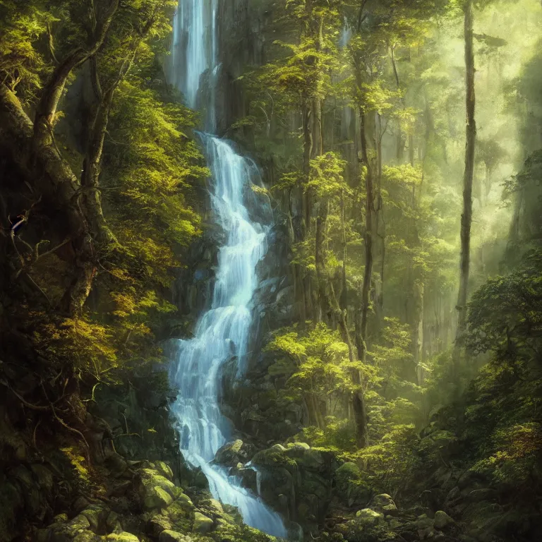 Image similar to A beautiful oil painting of a very tall waterfall on a very rocky cliff, in the middle of a huge forest of trees with bright blue glowing leaves, by Greg Rutkowski