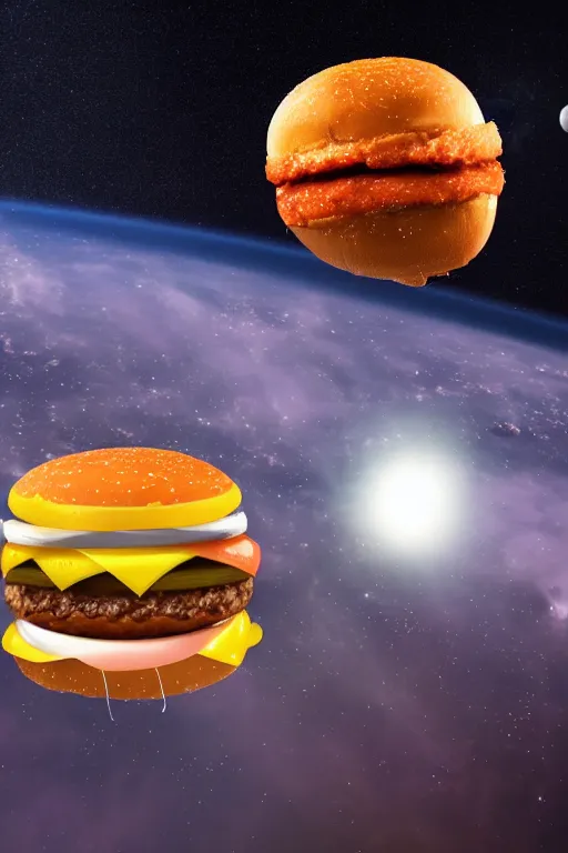 Prompt: a cheeseburger floating apart in space. nebula background. highly detailed. 3 d rendered, beautiful lighting, 8 k