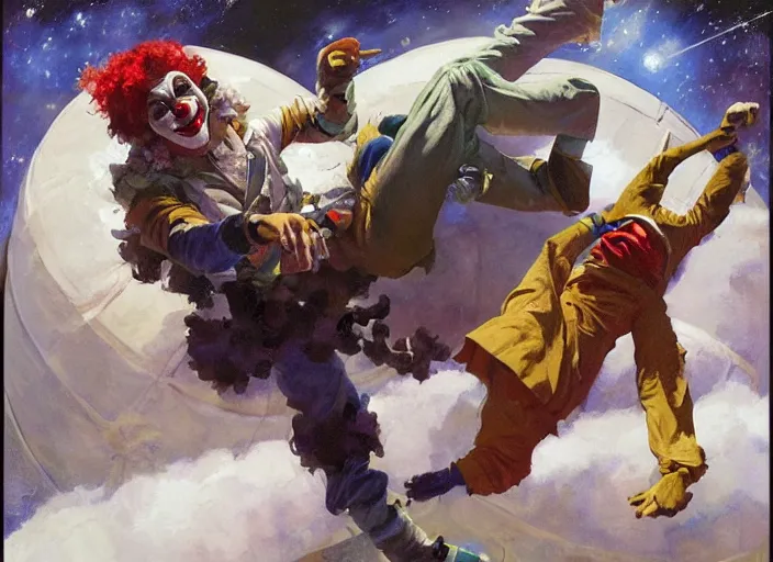 Image similar to a highly detailed beautiful portrait of a clown and a mime fighting on a space station, by gregory manchess, james gurney, james jean