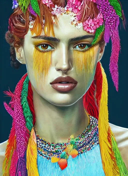 Image similar to beautiful portrait of Irina Shayk wearing fantastic Hand-dyed cotton dress,embellished beaded feather decorative fringe knots ,colorful pigtail,subtropical flowers and plants,symmetrical face,intricate,elegant,highly detailed,8k,post-processing,digital painting,trending on pinterest, GUCCI,vogue,concept art, sharp focus, illustration, by artgerm,Tom Bagshaw,Lawrence Alma-Tadema,greg rutkowski,alphonse Mucha