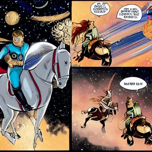 Prompt: a horse rides an astronaut, marvel comics page