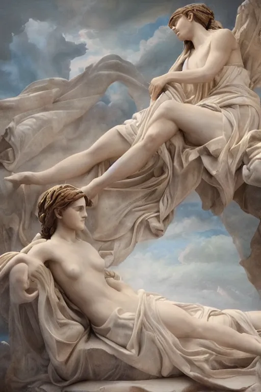 Prompt: A beautiful oil painting of a Emma Watson Ancient Greek Marble Sculpture of a Greek Goddess lying on a silk cloth, fog, volumetric lighting, summer, hyperrealistic, hyperdetailed.