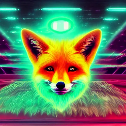 Prompt: digital greenest fox, retrowave palette, digital world, highly detailed, electric breeze, anatomically correct vulpine, synth feel, fluffy face, ear floof, flowing fur, super realism, accurate animal imagery, 4 k digital art