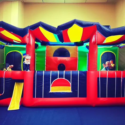 Prompt: a darkly lit indoor children's bounce house photo taken with a deposable camera limital space