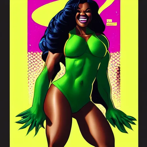 Image similar to Actress Gabrielle Union as She-Hulk, smiling, poster framed, comic pinup style, sports illustrated, detailed legs, artstation, illustration, posterized, Roge Antonio, Jen Bartel