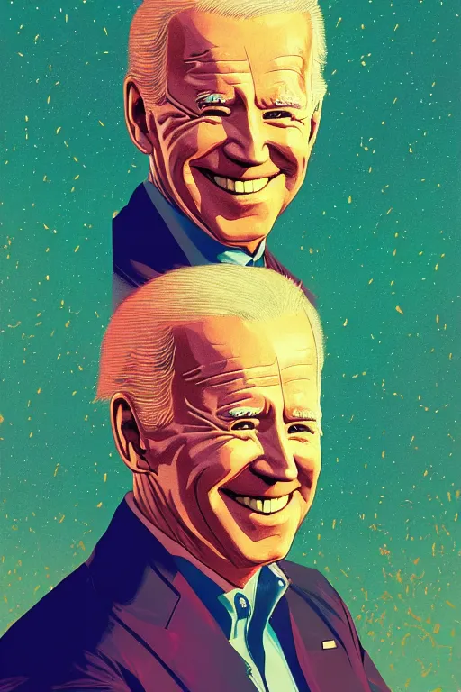 Prompt: portrait of joe biden, smiling down from above turning away slightly, artstation winner by victo ngai, kilian eng and by jake parker vibrant colors, winning - award masterpiece, fantastically gaudy, aesthetic octane render, 8 k hd resolution