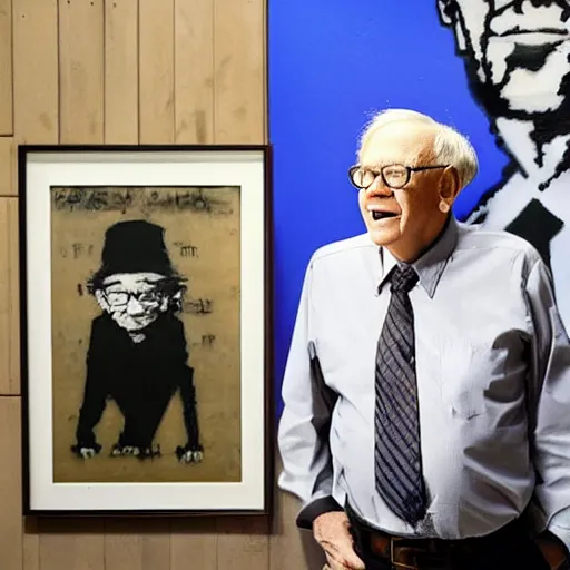 Prompt: A photograph of Warren Buffet standing next to a Banksy painting in Venice