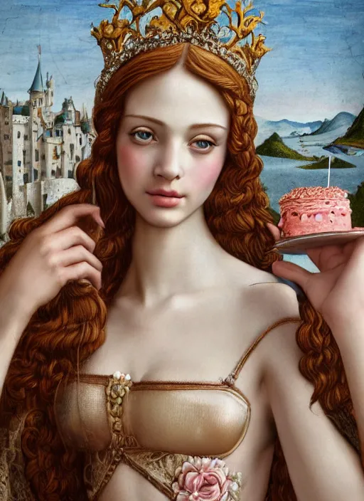 Image similar to closeup medieval botticelli face portrait of a fairytale princess wearing a crown eating cakes in the castle, bikini, depth of field, zeiss lens, detailed and intricate environment, fashion photoshoot by nicoletta ceccoli, mark ryden, lostfish, breathtaking, 8 k resolution, extremely detailed, beautiful, establishing shot, artistic, hyperrealistic, octane render