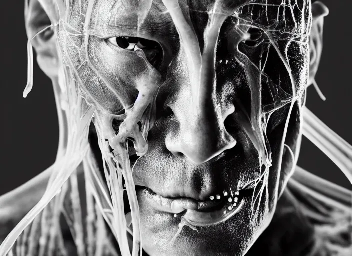 Prompt: mid shot portrait of samurai with transparent skin, visible muscle and bones and veins and nerves and internal organs, in the style of david cronenberg, high fashion, id magazine, realistic, sharp focus, 8 k high definition, film photography, photo realistic, insanely detailed, by david kostic and stanley lau and artgerm