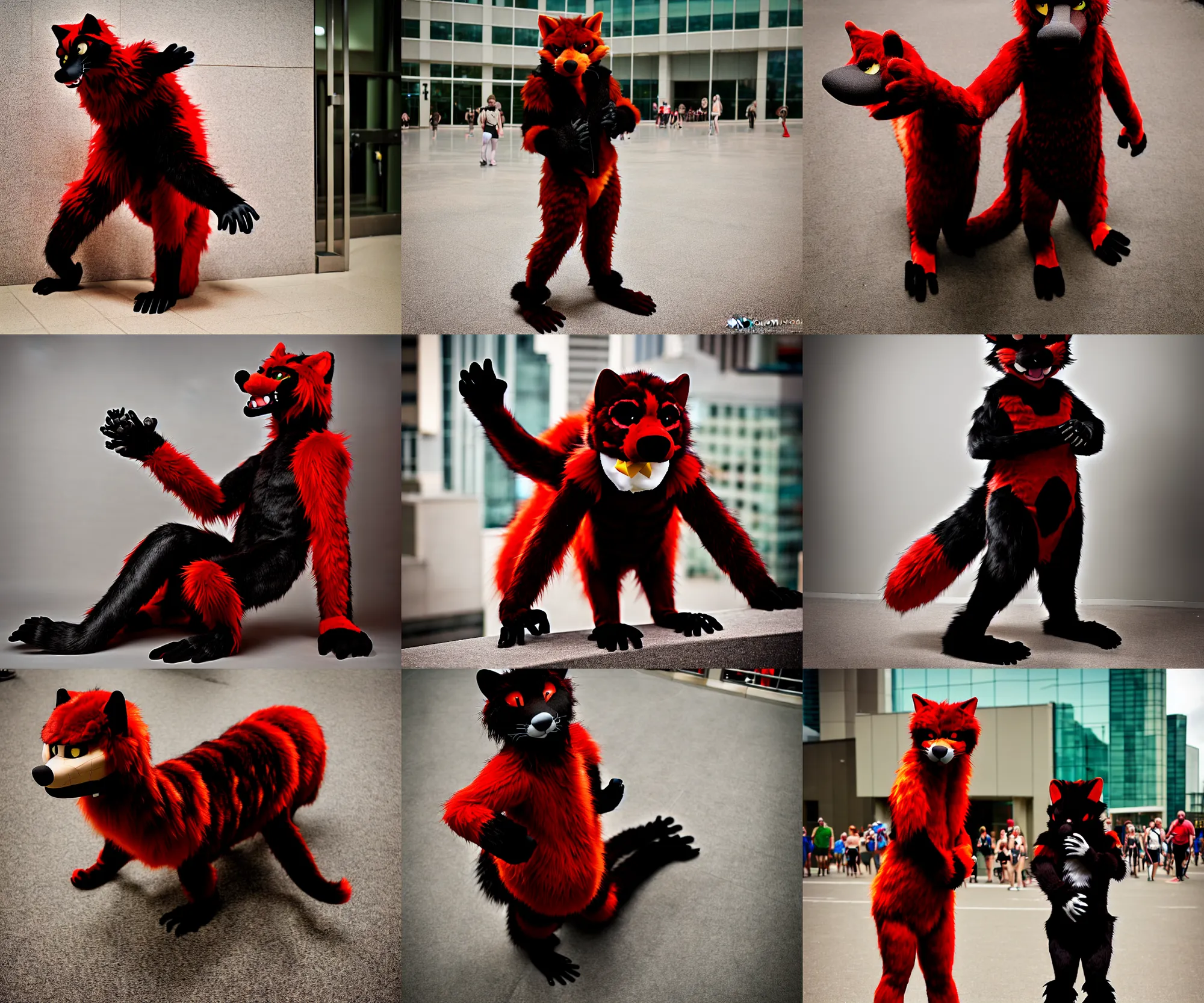 Prompt: fullbody photoshoot photo portrait of a roguish male red - black furred bipedal weasel furry fursona / fursuiter, photorealistic, taken at anthrocon