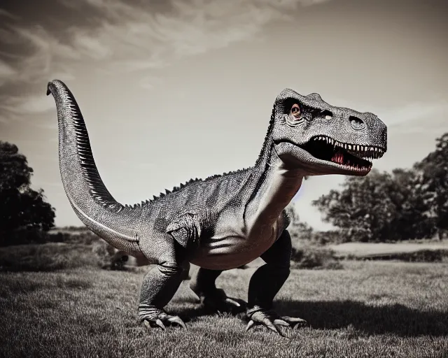 Image similar to hyper realistic vintage photograph of a real dinosaur, ultra detailed, grain, old, monochrome, sepia toned, realistic lighting, wide angle