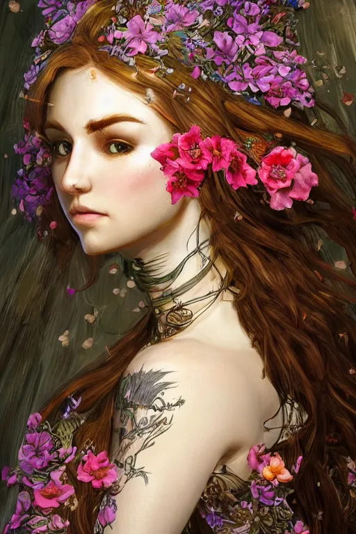 Image similar to portrait of beautiful young mainem, warhammer, cyber style, a lot of more scars, more and more flowers, the middle ages, highly detailed, artstation, illustration, artgerm sylvari portrait, 8 k quality, art by gustav klimt