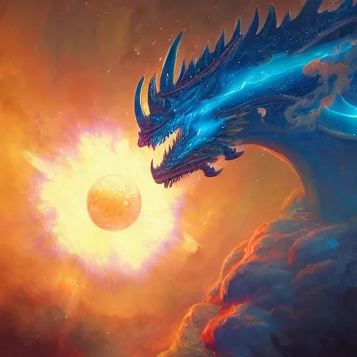 Prompt: prompt crystalline blue dragon in space devouring a planet, Smough, sun system, nebula, oil painting, by Fernanda Suarez and and Edgar Maxence and greg rutkowski