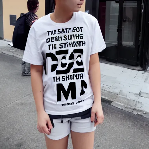 Prompt: a person wearing a t-shirt with the text MMM