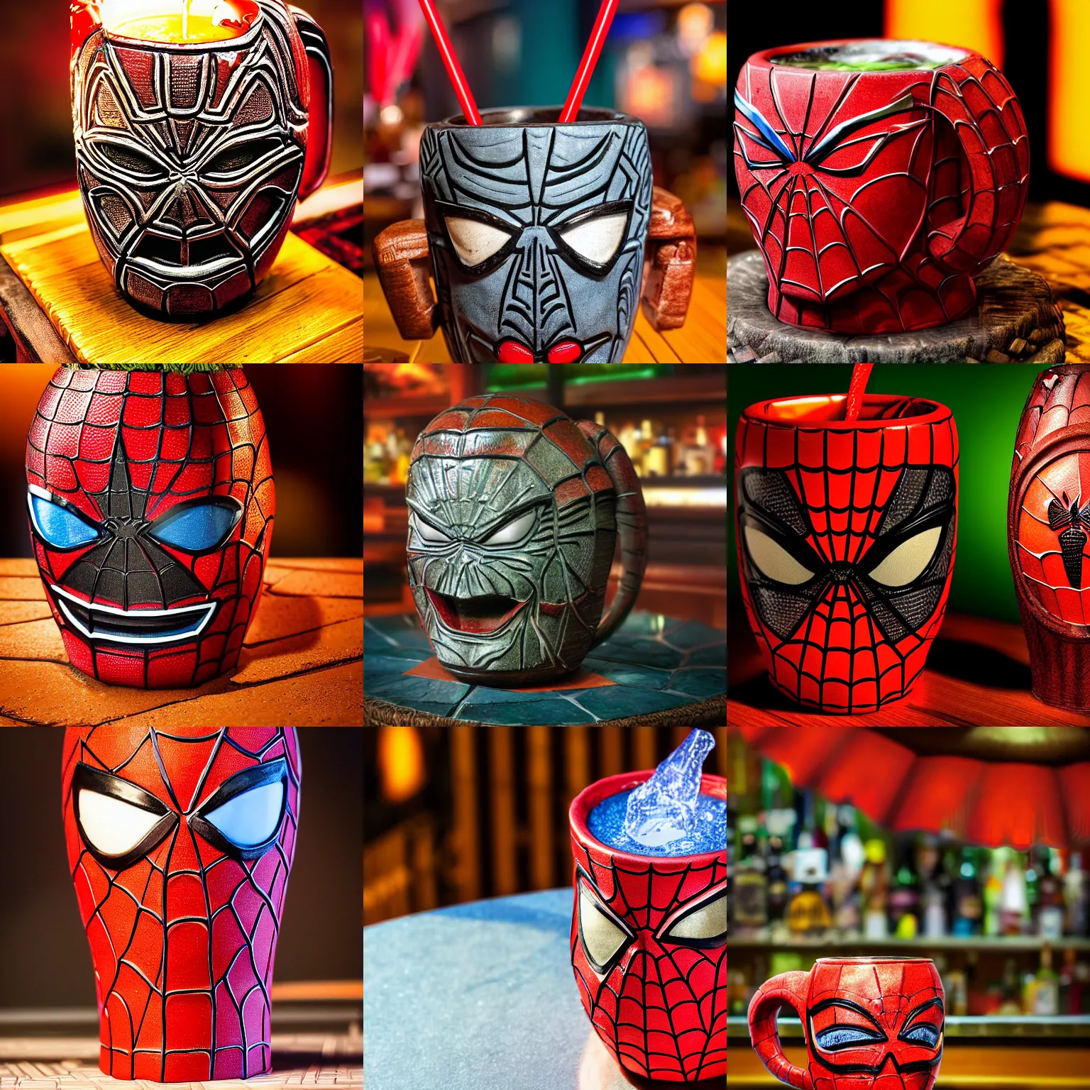 Prompt: a closeup photorealistic image of a spider man style tiki mug on a trader vic's bar featuring the face of spider man. tiki theme. bright scene. fine detail. this 4 k hd image is trending on artstation, featured on behance, well - rendered, extra crisp, features intricate detail, epic composition and the style of unreal engine.