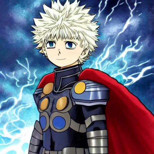 Prompt: adult killua zoldyck in thor's the dark world mcu armor, full body armor, anime art, highly detailed, muscular