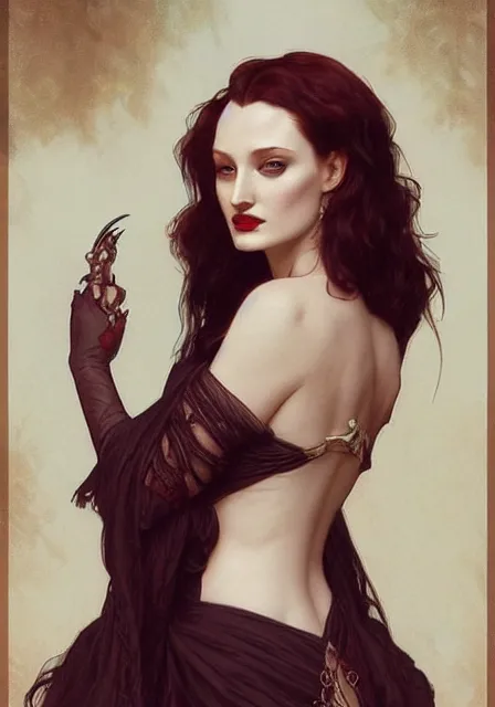 Image similar to sansa angeline jolie gessica chastain victorian vampire, intricate, elegant, highly detailed, digital painting, artstation, concept art, smooth, sharp focus, illustration, art by artgerm and greg rutkowski and alphonse mucha and william - adolphe bouguereau