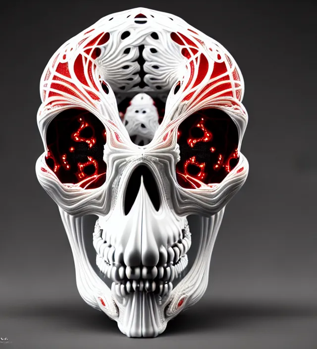 Prompt: complex 3 d render of a beautiful porcelain alien fractal skull. white and red gold, fractal veins. dragon cyborg, 1 5 0 mm, beautiful natural soft light, rim light, gold fractal details, fine lace, mandelbot fractal, anatomical, glass, facial muscles, elegant, ultra detailed, metallic armor, octane render, depth of field