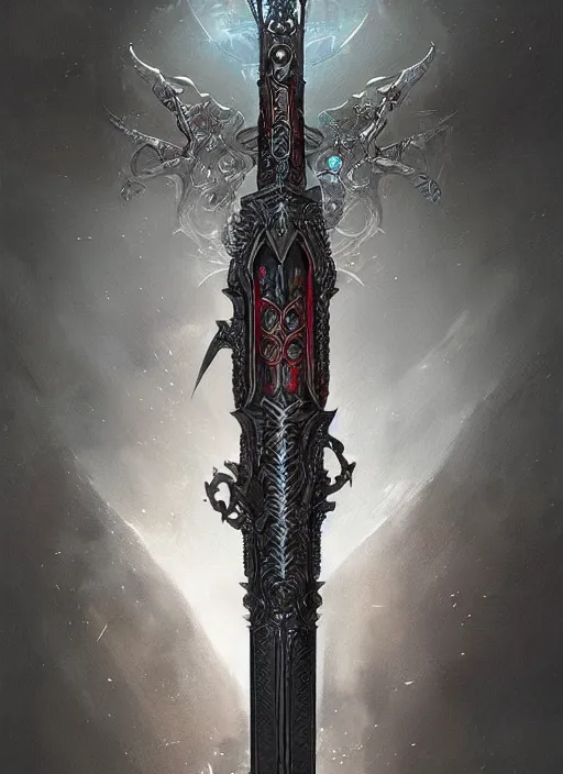 Image similar to legendary sword of technology, intricate black and iridescent blade, ornate gothic baroque spikes, glowing handle, detailed realistic, ray tracing, colored gems, art by greg rutkowski