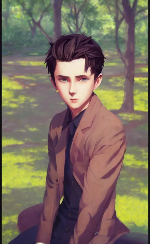 Prompt: a portrait of a male character on a park, vivid colors, soft lighting, atmospheric, cinematic, moody, in the style of ilya kuvshinov and range murata, krenz cushart, rule of thirds, oil on canvas, 8 k