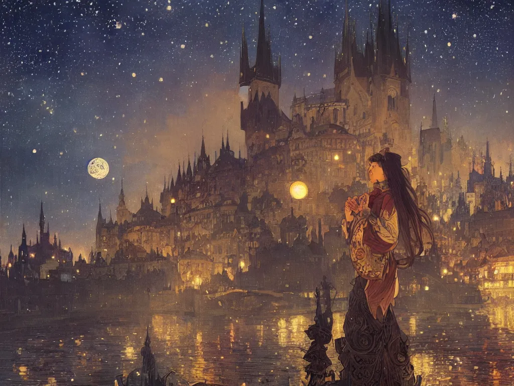 Image similar to a view from the river of prague at night with the sky full of stars, intricate, elegant, highly detailed, digital painting, artstation, concept art, smooth, sharp focus, colored illustration, art by krenz cushart and artem demura and alphonse mucha, anime wallpaper