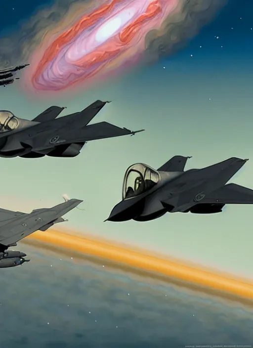 Image similar to poster artwork by michael whelan and tomer hanuka, a portrait, f 3 5 jets dogfighting in the clouds of jupiter, clean