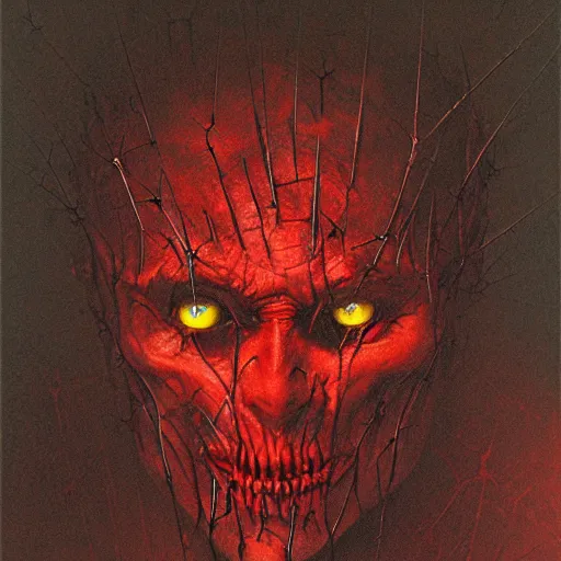 Image similar to portrait of demonic Tom Cruise with red glowing eyes in hood and crown of thorns, dark fantasy, Warhammer, artstation painted by Zdislav Beksinski and Wayne Barlowe