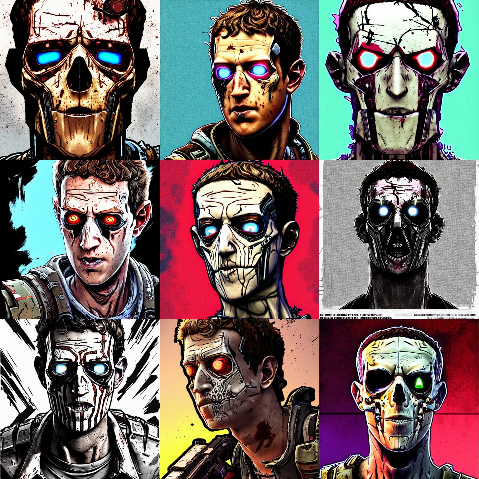 Prompt: borderlands 3 !!! mark zuckerberg! cell shaded! scary head portrait of terminator mark zuckerberg! with side face skeleton terminator as Borderlands 3 concept art, llustration, postapocalyptic grunge, concept art by Laurie Greasley, highly detailed, sharp focus,alien, HQ, 4K ,art by Laurie Greasley