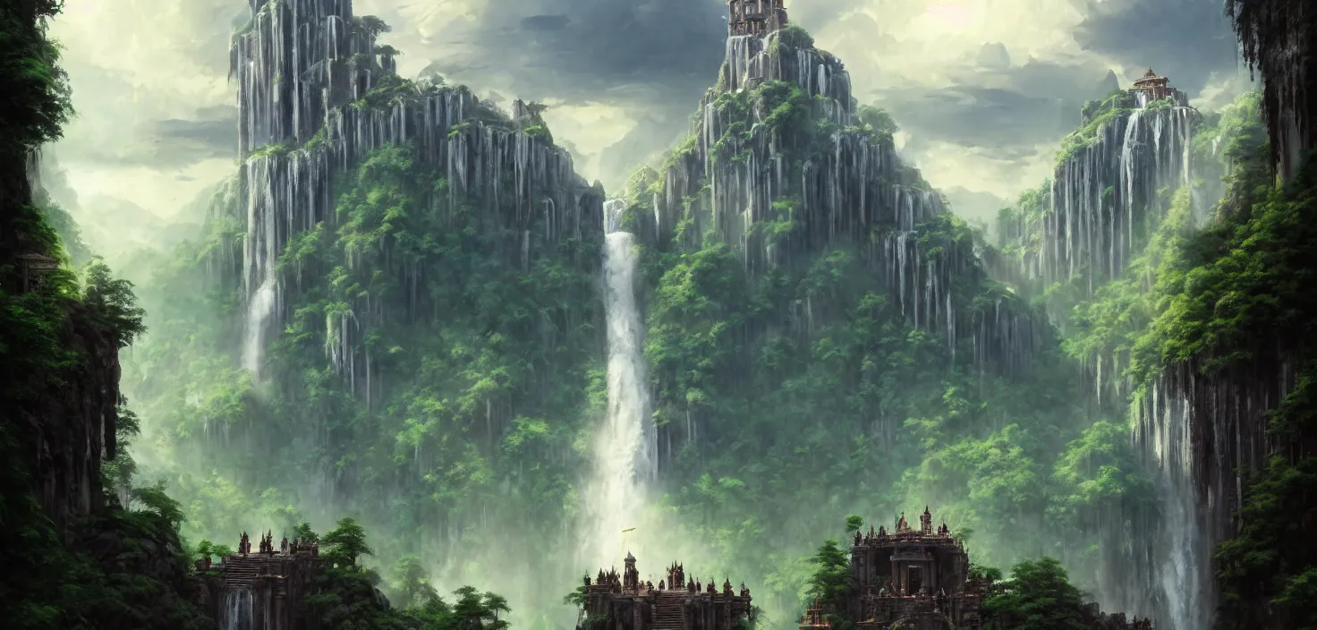 Prompt: a large beautiful temple in the middle of the mountains, a high waterfall flows out from under the temple, cinematic view, epic sky, detailed, concept art, low angle, high detail, warm lighting, volumetric, godrays, vivid, beautiful, trending on artstation, by jordan grimmer, huge scene, grass, art greg rutkowski