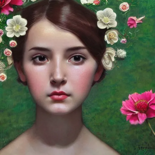 Prompt: a 3 d close up image of a beautiful young women looking at the camera surrounded by lush flowers mark ryden camera, pop