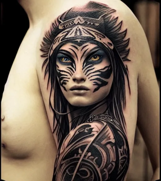 Image similar to tattoo design of a beautiful girl warrior with a tiger head above her, hyper realistic, realism tattoo, by eliot kohek, beautiful eyes, realistic face, black and white, white background