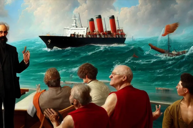 Image similar to ( ( a beautiful 8 k photorealistic masterpiece oil painting ) ( of ( philosopher lecturing to an audience while ship is sinking on the background ) ) ) ( hyperrealism ) ( 1 6 k ) ( trending on artstation )