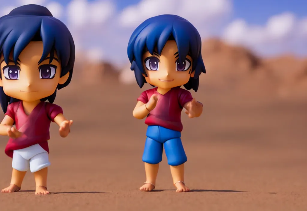 Image similar to young aladdin as nendoroid running in desert village, 8 k hd dof, kodak film,