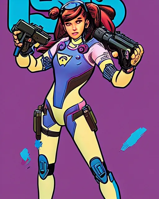 Image similar to d. va from overwatch, comic book cover, in the style of richard corben, ryan ottley, dave gibbons, todd mcfarlane, bernie wrightson