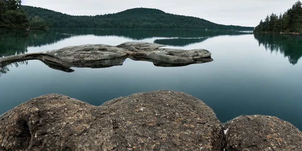 Prompt: centered photograph of a single thick long rope winding across the surface of the water into the distance, floating submerged rope stretching out towards the center of the lake, a dark lake on a cloudy day, color film, rocky shore foreground and trees in the background, hyper - detailed photo, anamorphic lens