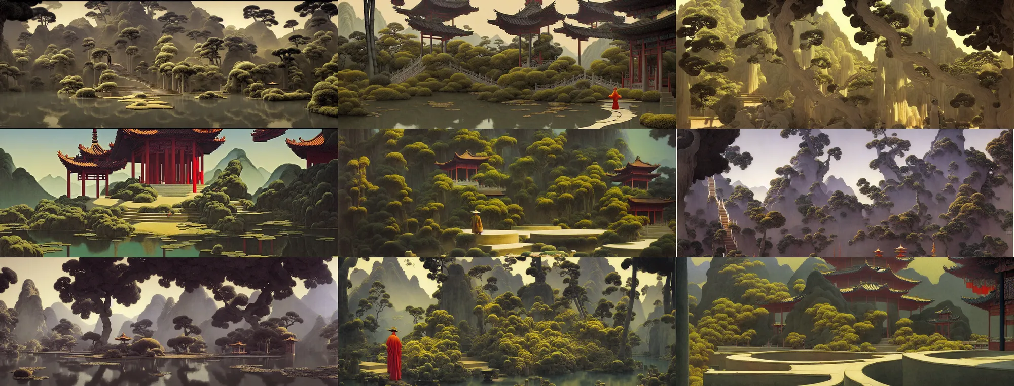 Prompt: a gorgeous landscape painting by barlowe wayne maxfield parrish and marco mazzoni. chinese temple. just one lonely grey chinese wuxia with bamboo hat walks on the winding steps. ultra clear detailed. 3 d, octane render. turbulent blood lake.