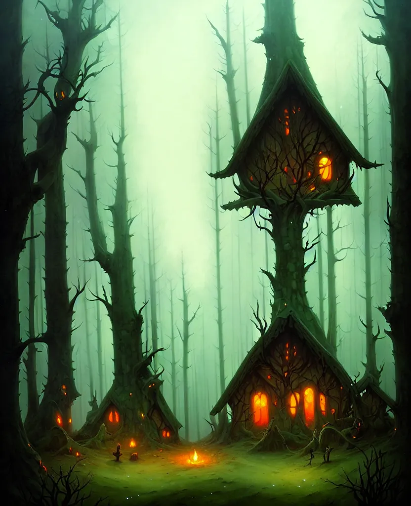 Prompt: a witches cabin in a dark forest, by peter mohrbacher