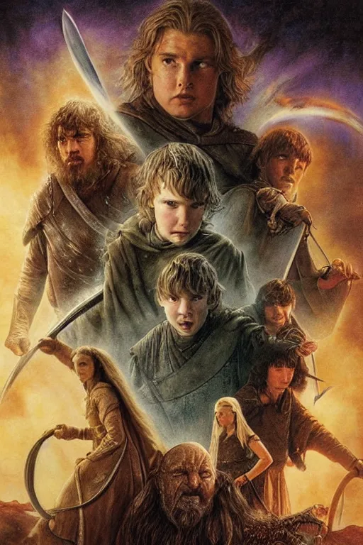 Image similar to epic fantasy journey, lotr, sandstorm, tom cruise, game of thrones, dragon, lord of the rings, the hobbit, stranger things, by drew struzan