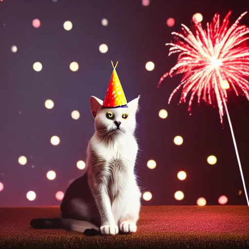 Image similar to a photo of a Cat wearing a birthday hat, studio portrait, fireworks in background