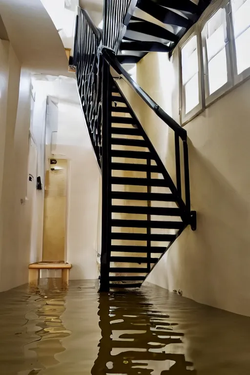 Prompt: a flooded stairway filled with orange juice, horror 1024 A