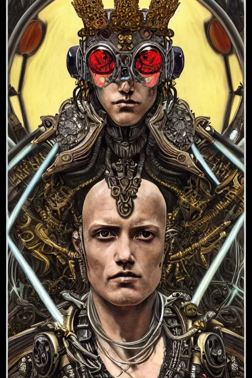 Image similar to a dramatic full-color art nouveau and ironpunk styled bust portrait of a godlike and stoic alien king, with strong judging eyes, extremely detailed, art nouveau cybenetic engraved armor and intricately detailed angel-winged crown of cosmic power, perfectly symmetrical facial structure and framework, handsome yet brutal alien facial features of ancient swarth, by simon bisley, michael kaluta and travis charest, dark sci-fantasy, deeply ornate complexity, male face and bust, human anatomy mixed with cosmic alien and cyborg characteristics, sci-fi character concept, photorealism, art nouveau framing, stunning lighting, hyperrealism, 8k