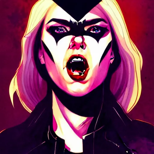 Image similar to rafael albuquerque comic art, peter mohrbacher, steve niles, artgerm, pretty scarlett johansson vampire sharp vampire teeth open mouth, symmetrical eyes, black leather jacket, jeans, long blonde hair